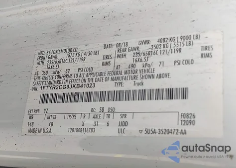 2018 Ford Transit-250 из США, поврежденный, VIN 1FTYR2CG9JKB41023